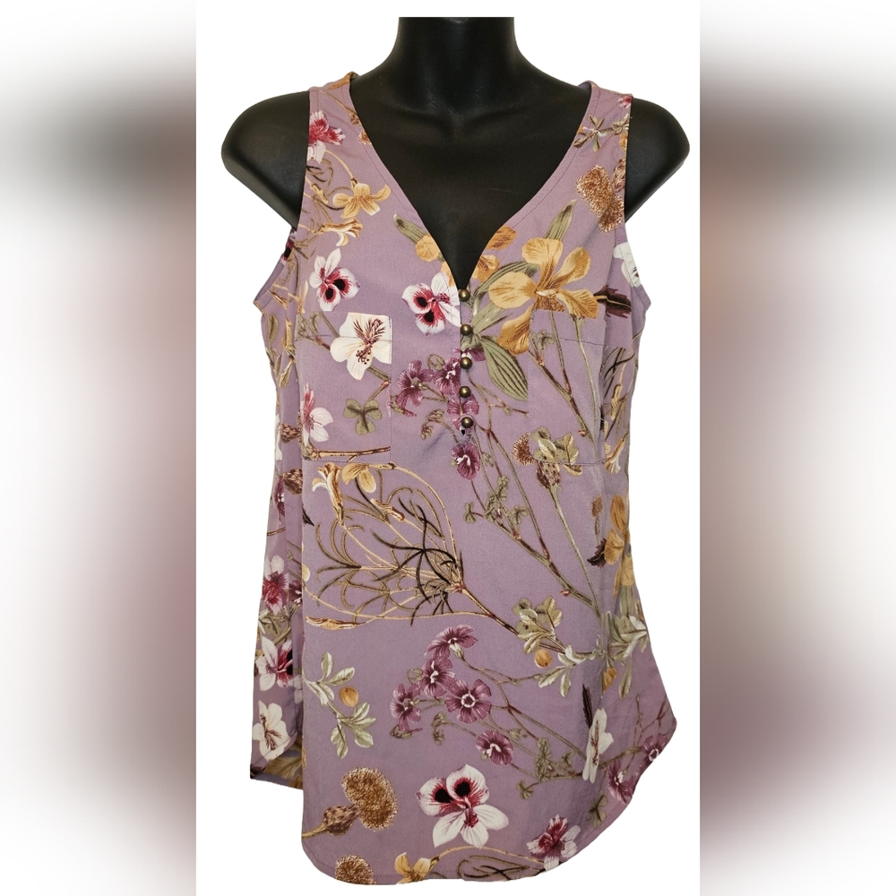 [Le Chateau] Lavender Floral Sleeveless V-Neck Tank Button Blouse Women XXS